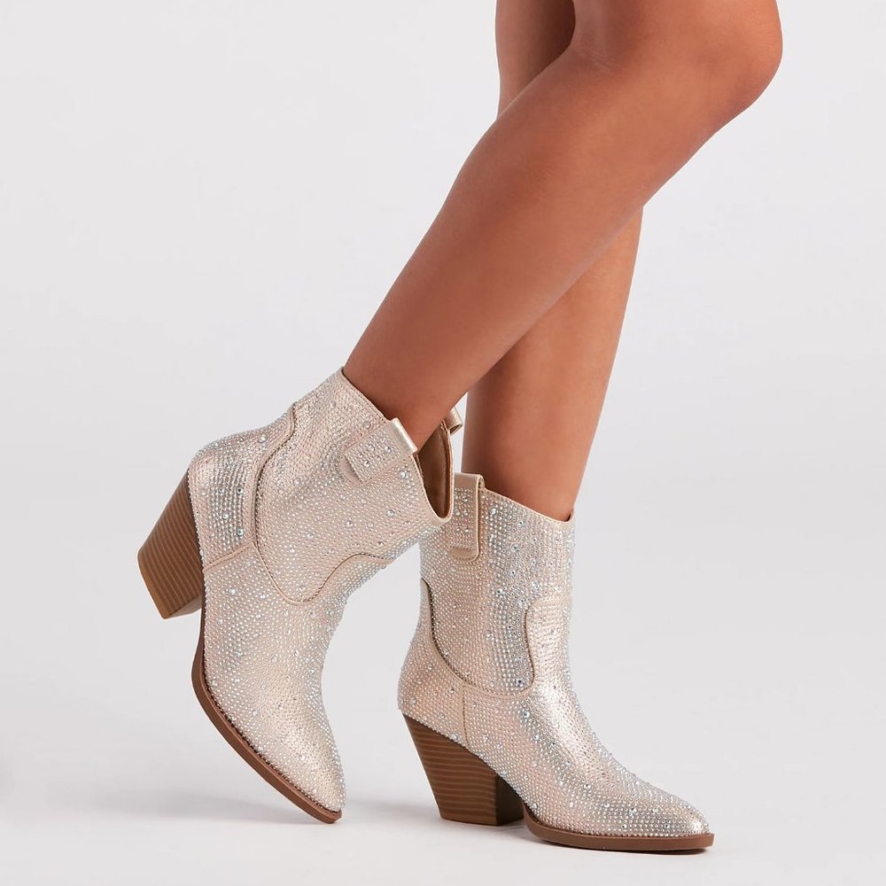NEW🔥 Champagne Rhinestone Cowboy Cowgirl Western Booties Ankle Boots Block Heel - Picture 3 of 6
